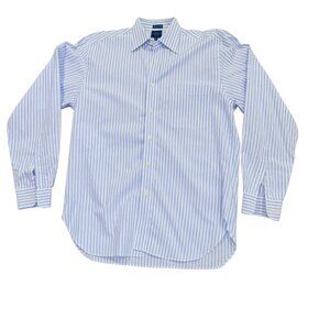 Men's Medium - Haspels Fine Two-Ply Yarn  Button Up French Tailored Blue and Whi